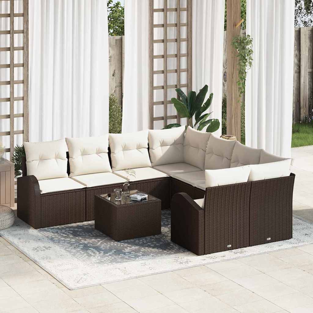 Sofa Set mit Kissen 9 pcs Schwarz und Creme Poly-Rattan