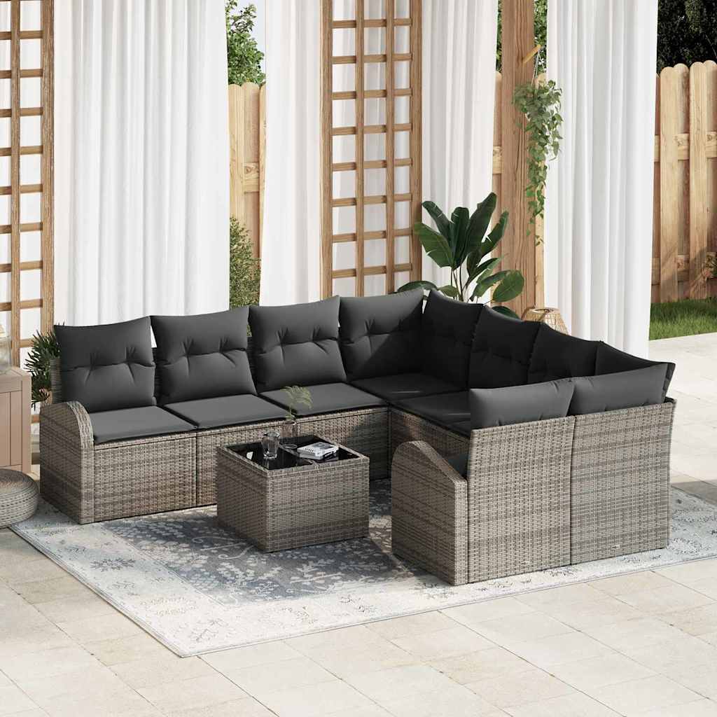 Sofa Set mit Kissen 9 pcs Schwarz und Creme Poly-Rattan