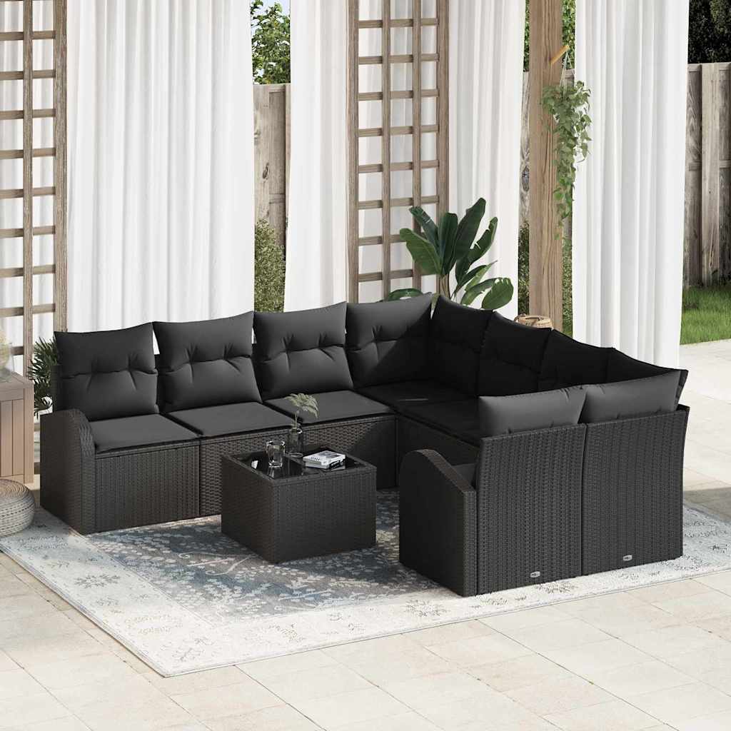 Sofa Set mit Kissen 9 pcs Schwarz und Creme Poly-Rattan