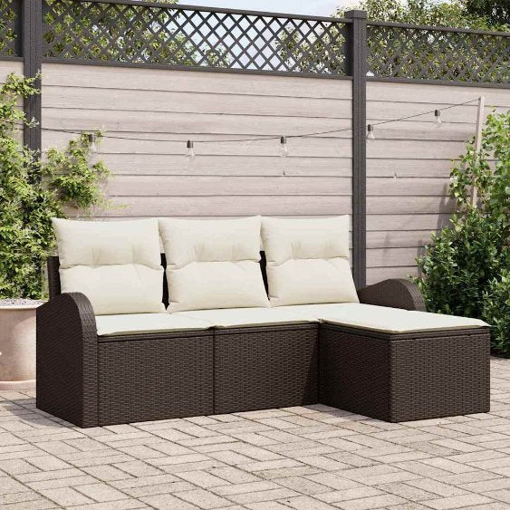 Sofa Set mit Kissen 4 pcs Schwarz und Weiß Poly-Rattan