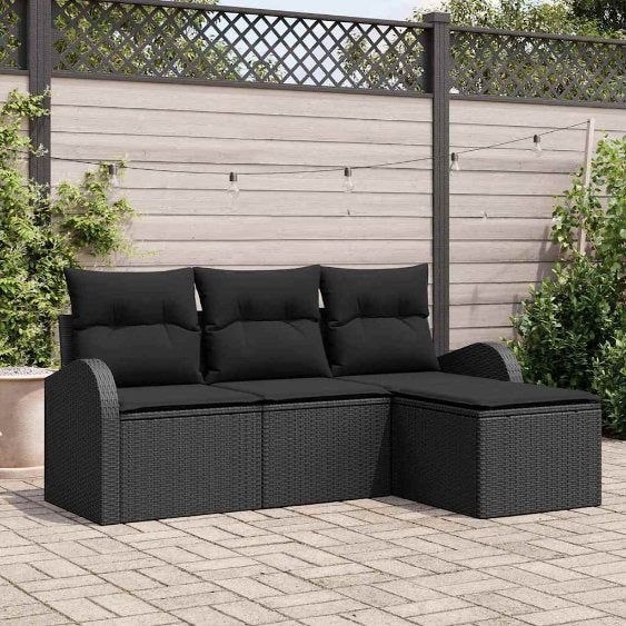 Sofa Set mit Kissen 4 pcs Schwarz und Weiß Poly-Rattan