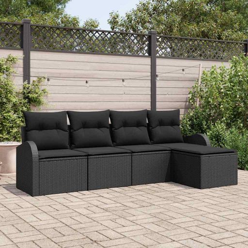 Sofa Set mit Kissen 5 pcs Schwarz und Weiß Poly-Rattan
