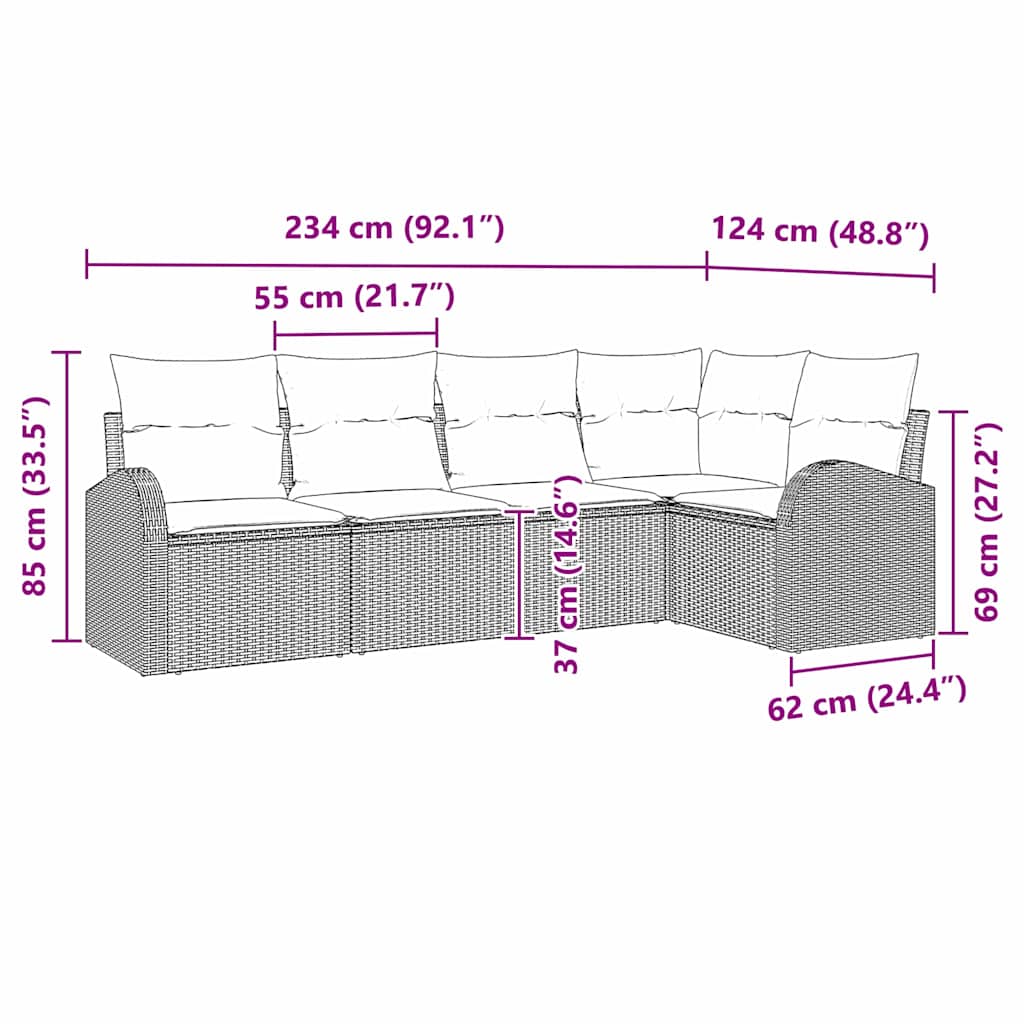 Garten-Sofa-Set mit Kissen 5 pcs Schwarz und Weiß Poly Rattan