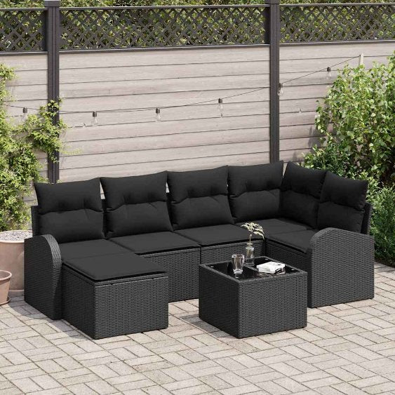 Sofa Set mit Kissen 6 pcs Schwarz und Weiß Poly-Rattan