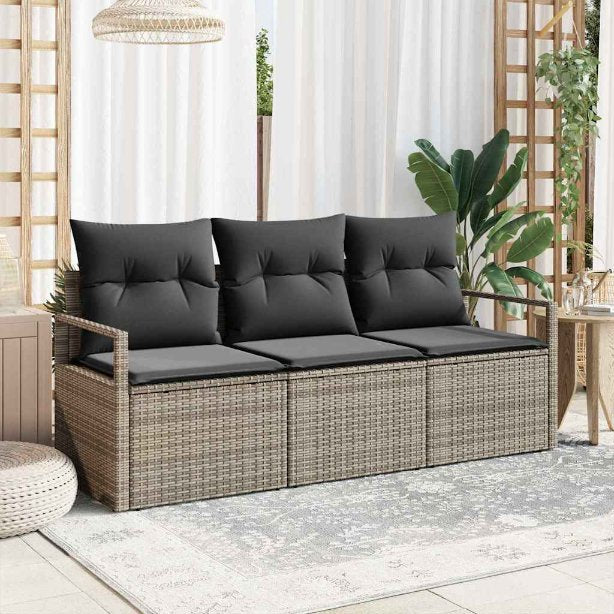 Gartensofa-set mit Kissen 3 pcs Schwarz und Weiß Poly-Rattan