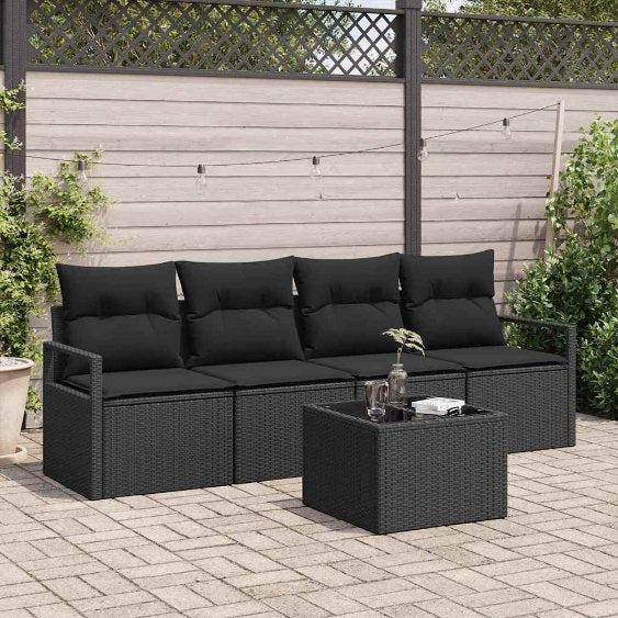 Sofa Set mit Kissen 5 pcs Schwarz und Creme Poly-Rattan