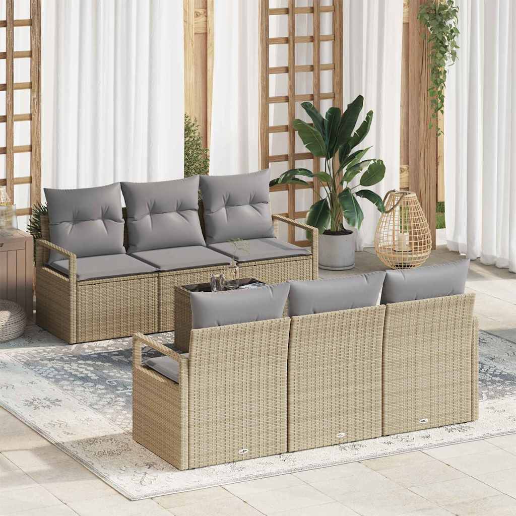 Gartensofa-set mit Kissen 7 pcs Schwarz und Creme Poly-Rattan