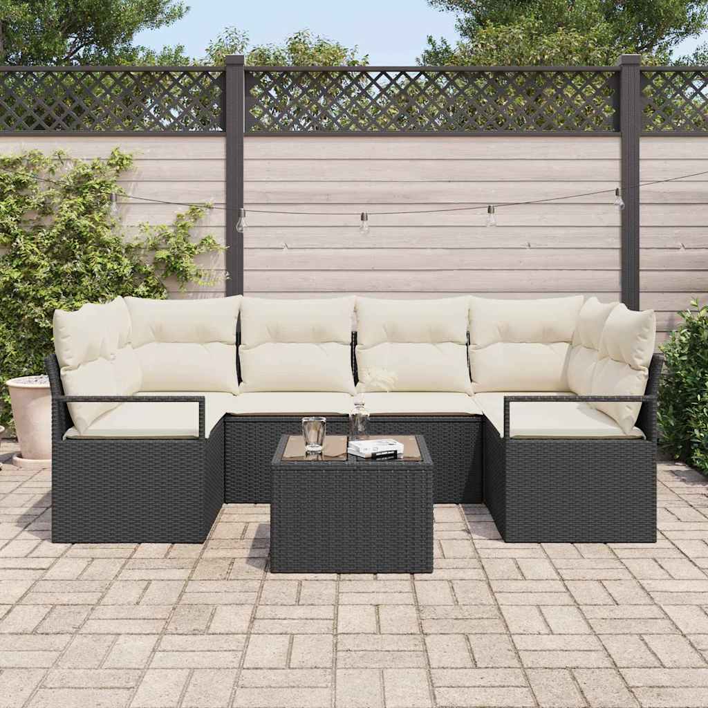 Garten-Sofa-Set mit Kissen mit Speicher 7 pcs Schwarz und Creme