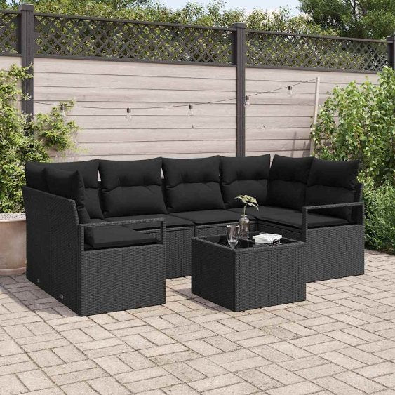 Garten-Sofa-Set mit Kissen mit Speicher 7 pcs Schwarz und Creme