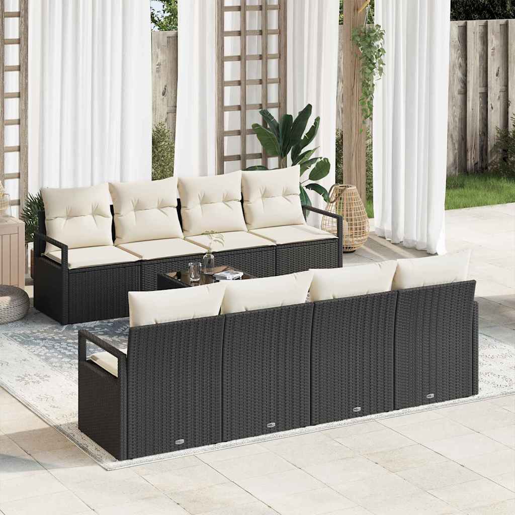 Sofa Set mit Kissen 9 pcs Schwarz und Creme Poly-Rattan
