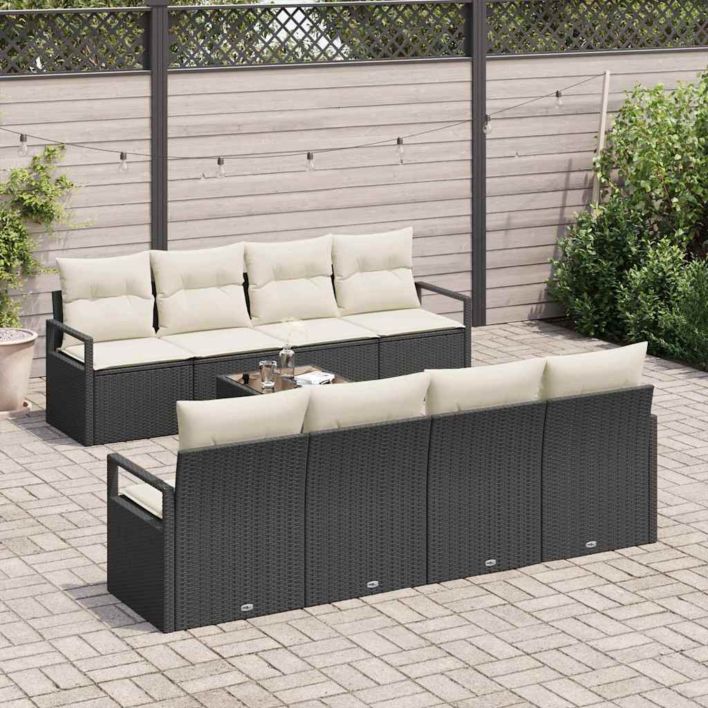 Sofa Set mit Kissen 9 pcs Schwarz und Creme Poly-Rattan