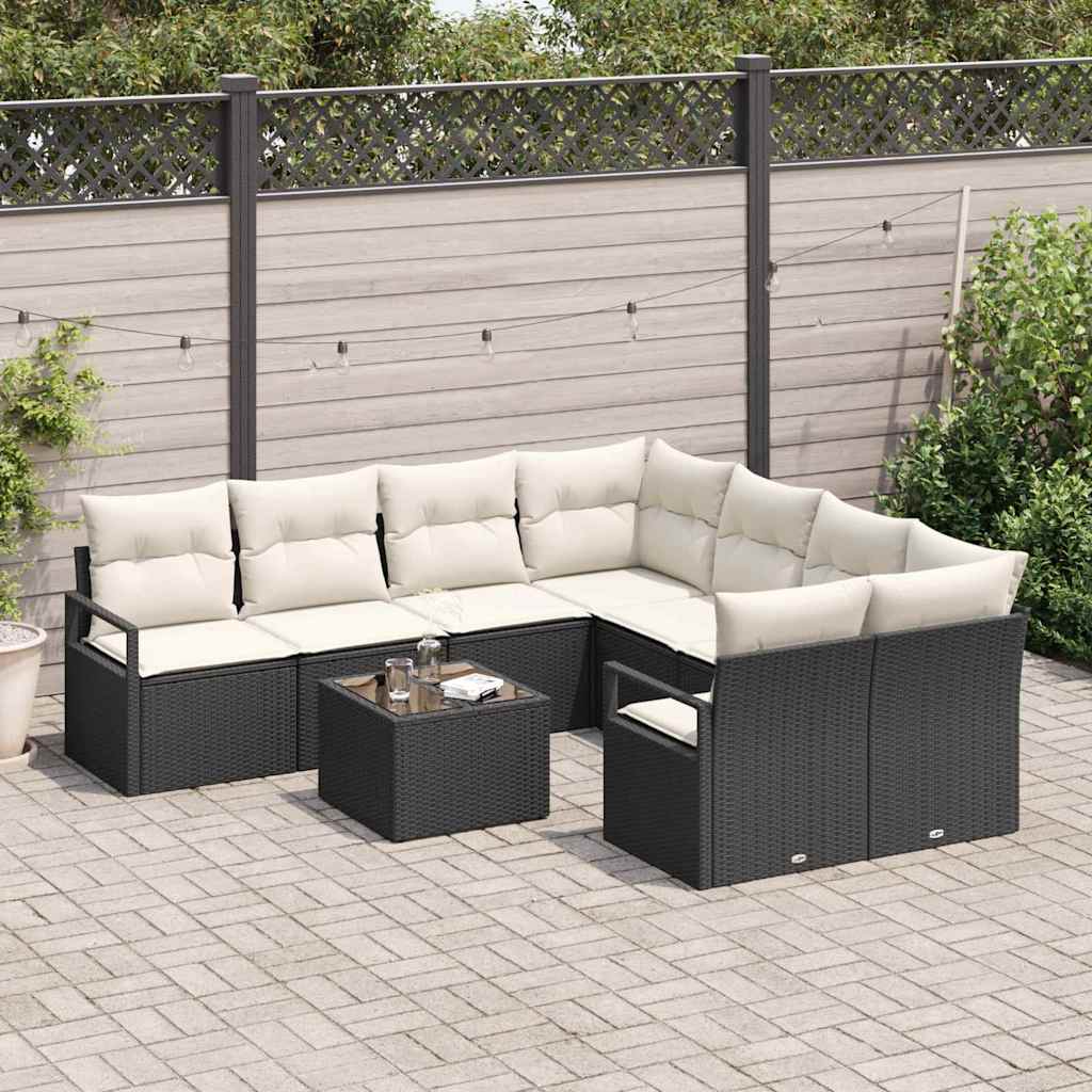 Sofa Set mit Kissen 9 pcs Schwarz und Creme Poly-Rattan