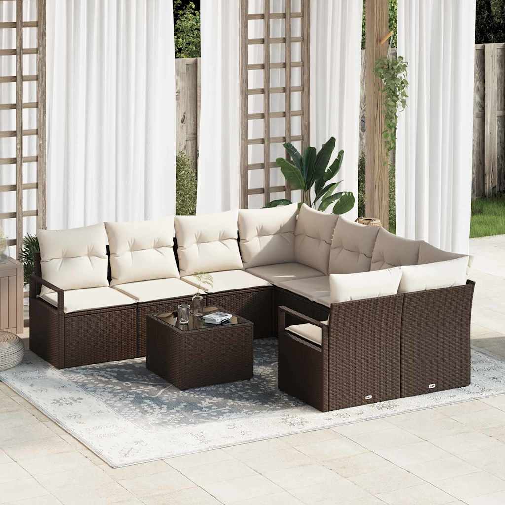Sofa Set mit Kissen 9 pcs Schwarz und Creme Poly-Rattan