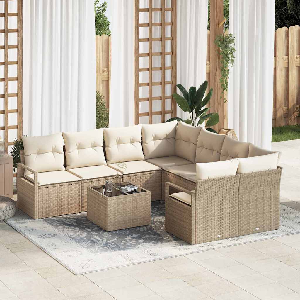 Sofa Set mit Kissen 9 pcs Schwarz und Creme Poly-Rattan