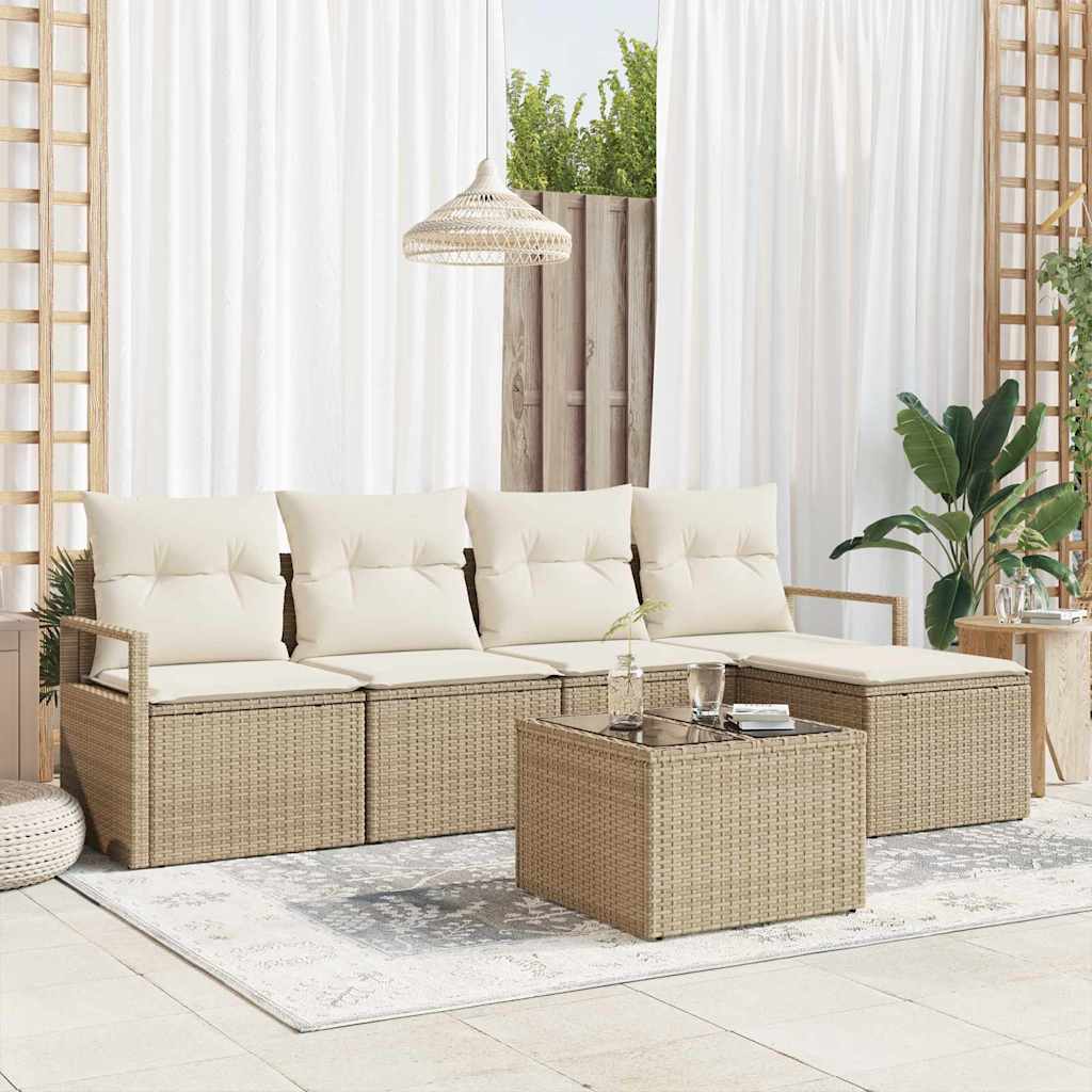 Sofa Set mit Kissen 5 pcs Schwarz und Creme Poly-Rattan