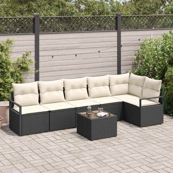 Sofa Set mit Kissen 6 pcs Schwarz und Creme Poly-Rattan