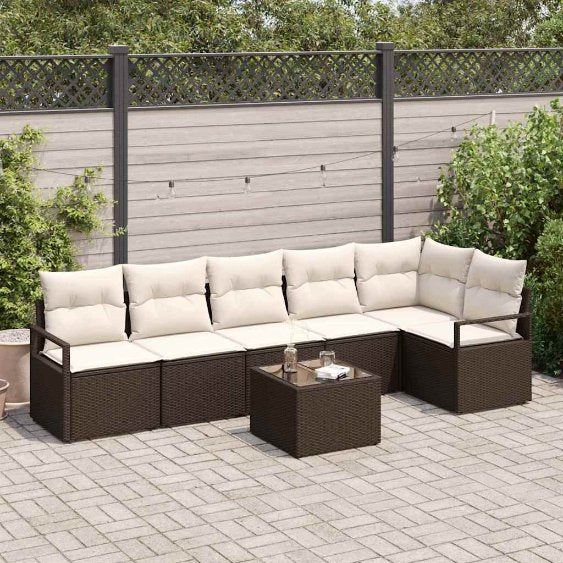 Sofa Set mit Kissen 6 pcs Schwarz und Creme Poly-Rattan