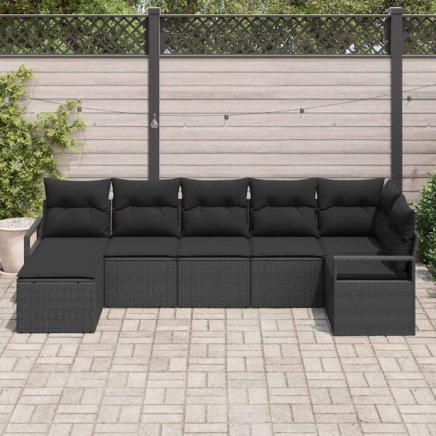 Sofa Set mit Kissen 7 pcs Schwarz und Creme Poly-Rattan