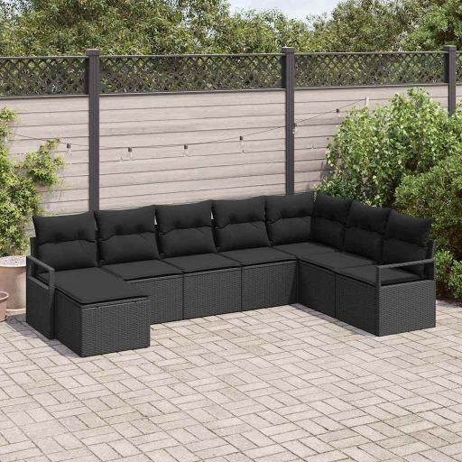 Sofa Set mit Kissen 8 pcs Schwarz und Creme Poly-Rattan