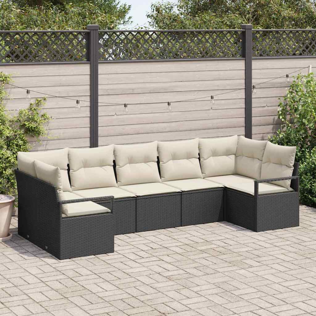 Gartensofa-set mit Kissen 7 pcs Schwarz und Weiß Poly-Rattan