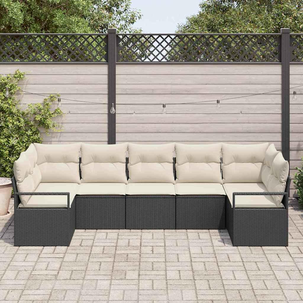 Gartensofa-set mit Kissen 7 pcs Schwarz und Weiß Poly-Rattan