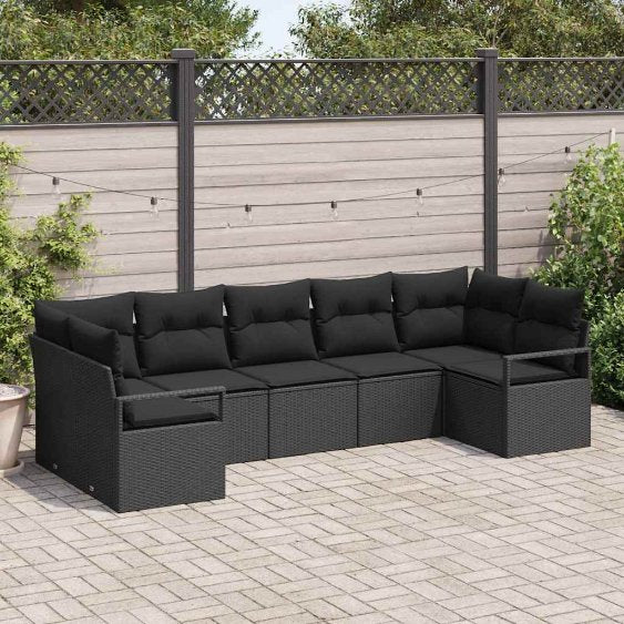 Gartensofa-set mit Kissen 7 pcs Schwarz und Weiß Poly-Rattan