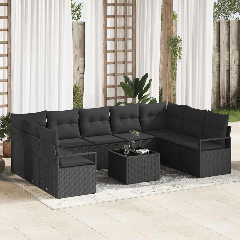 Gartensofa-set mit Kissen 9 pcs Schwarz und Weiß Poly-Rattan
