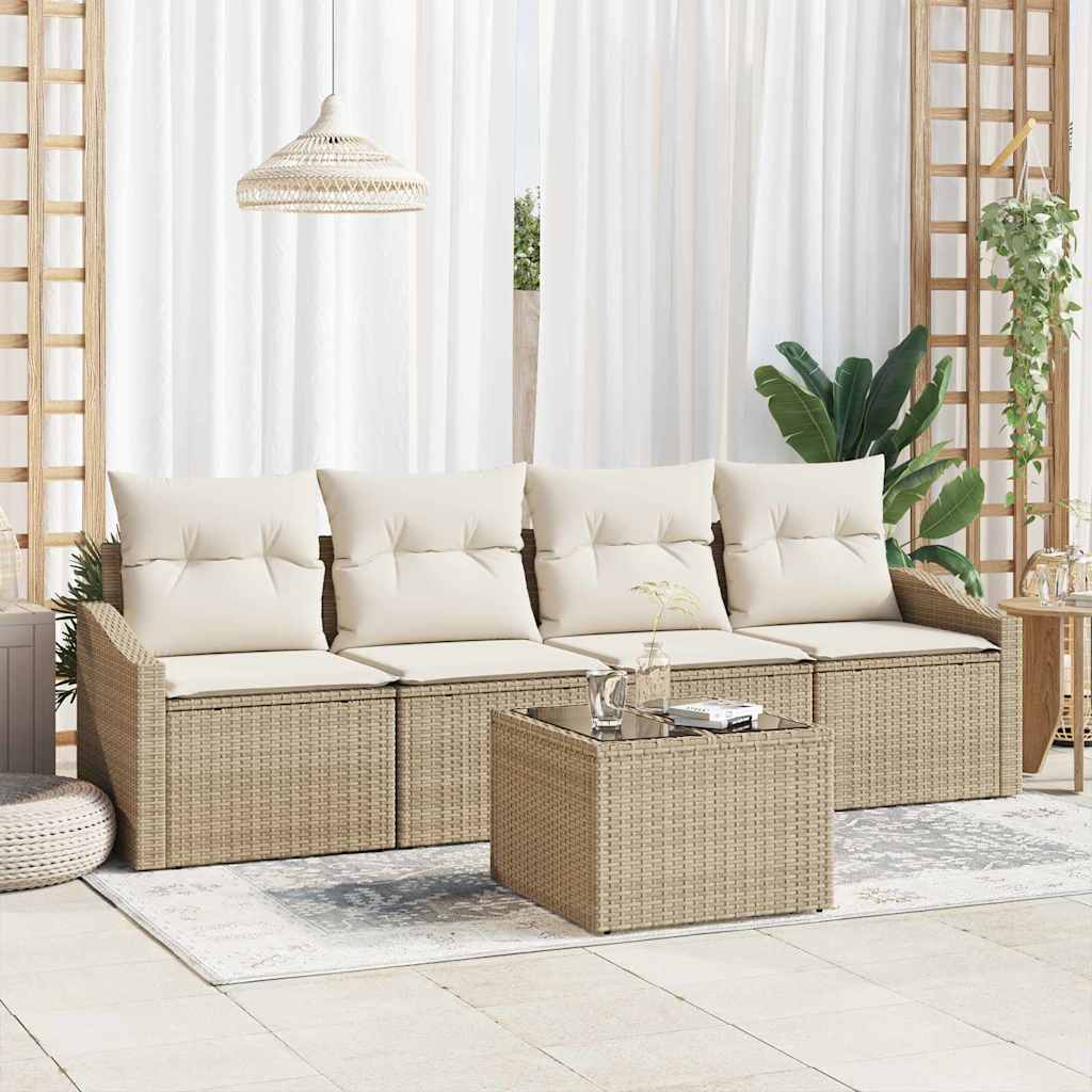 Sofa Set mit Kissen 5 pcs Schwarz und Creme Poly-Rattan