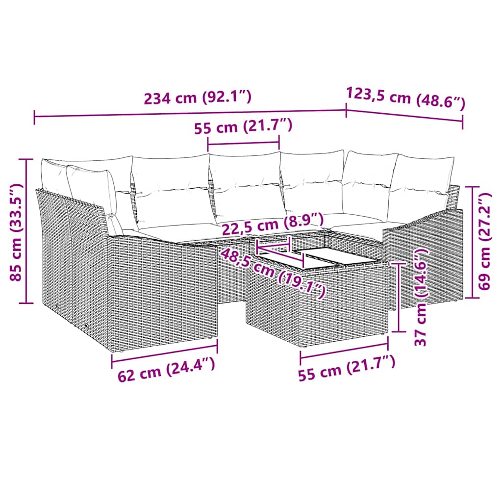 Sofa Set mit Kissen 7 pcs Schwarz und Creme Poly-Rattan