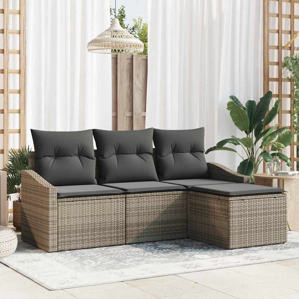 Sofa Set mit Kissen 4 pcs Schwarz und Creme Poly-Rattan