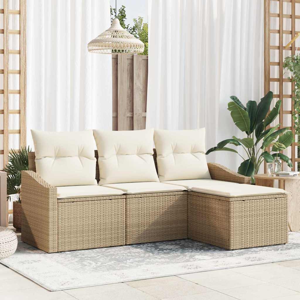 Sofa Set mit Kissen 4 pcs Schwarz und Creme Poly-Rattan