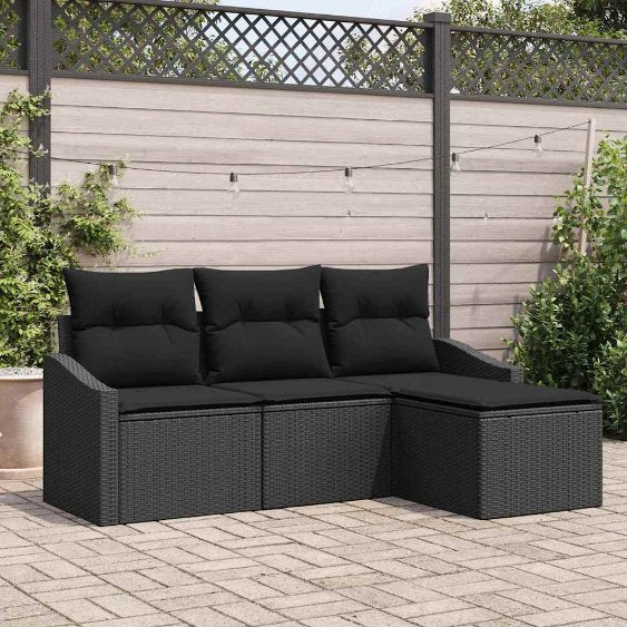 Sofa Set mit Kissen 4 pcs Schwarz und Creme Poly-Rattan