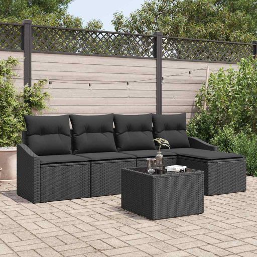 Sofa Set mit Kissen 5 pcs Schwarz und Creme Poly-Rattan