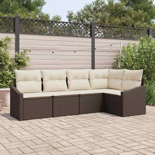 Gartensofa-set mit Kissen 5 pcs Schwarz und Weiß Poly-Rattan