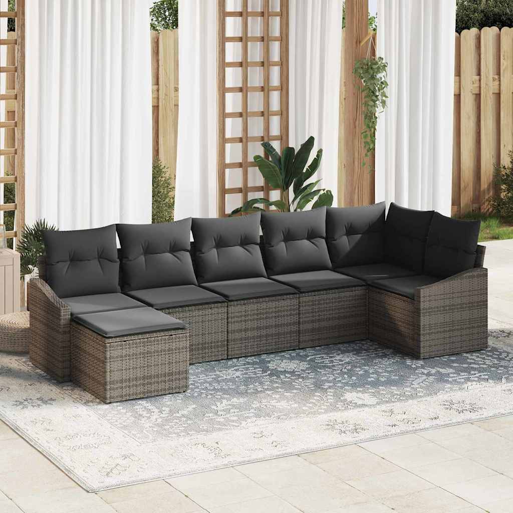 Garten-Sofa-Set mit Kissen 7 pcs Schwarz und Creme Poly-Rattan