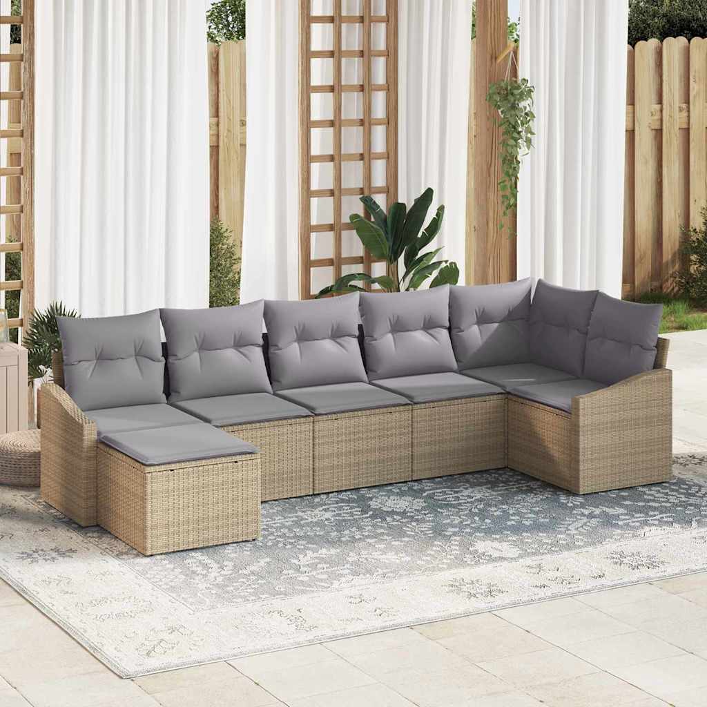 Garten-Sofa-Set mit Kissen 7 pcs Schwarz und Creme Poly-Rattan