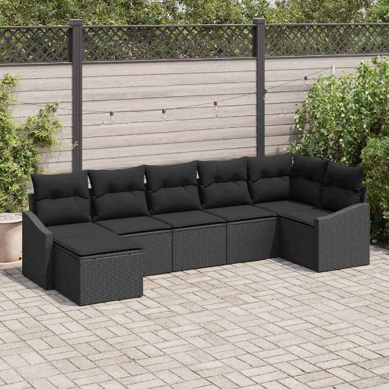 Garten-Sofa-Set mit Kissen 7 pcs Schwarz und Creme Poly-Rattan