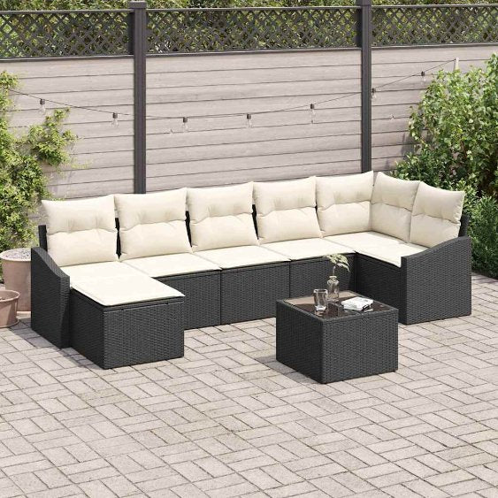 Garten-Sofa-Set mit Kissen 7 pcs Schwarz und Creme Poly-Rattan