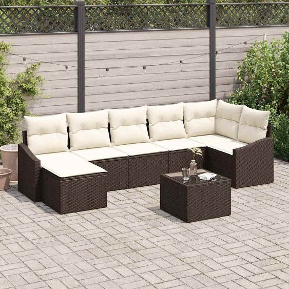 Garten-Sofa-Set mit Kissen 7 pcs Schwarz und Creme Poly-Rattan
