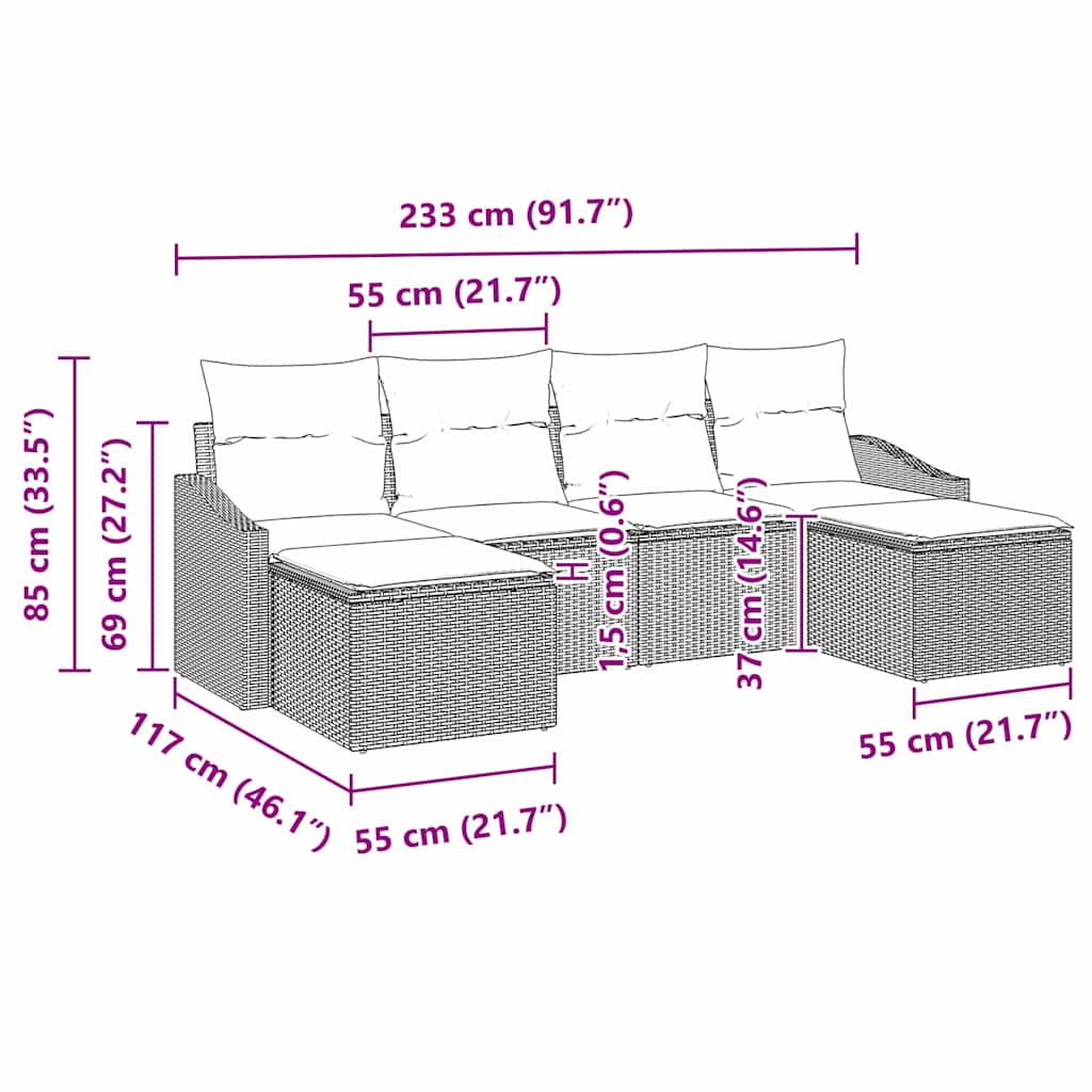 Garten Essgruppe mit Kissen 6 pcs Schwarz und Creme