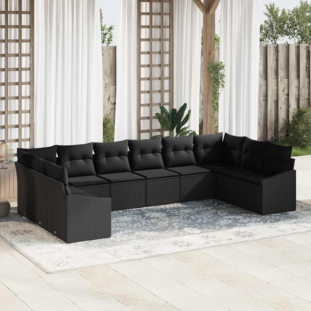 Garten-Sofa-Set mit Kissen 10 pcs Schwarz und Creme Poly-Rattan