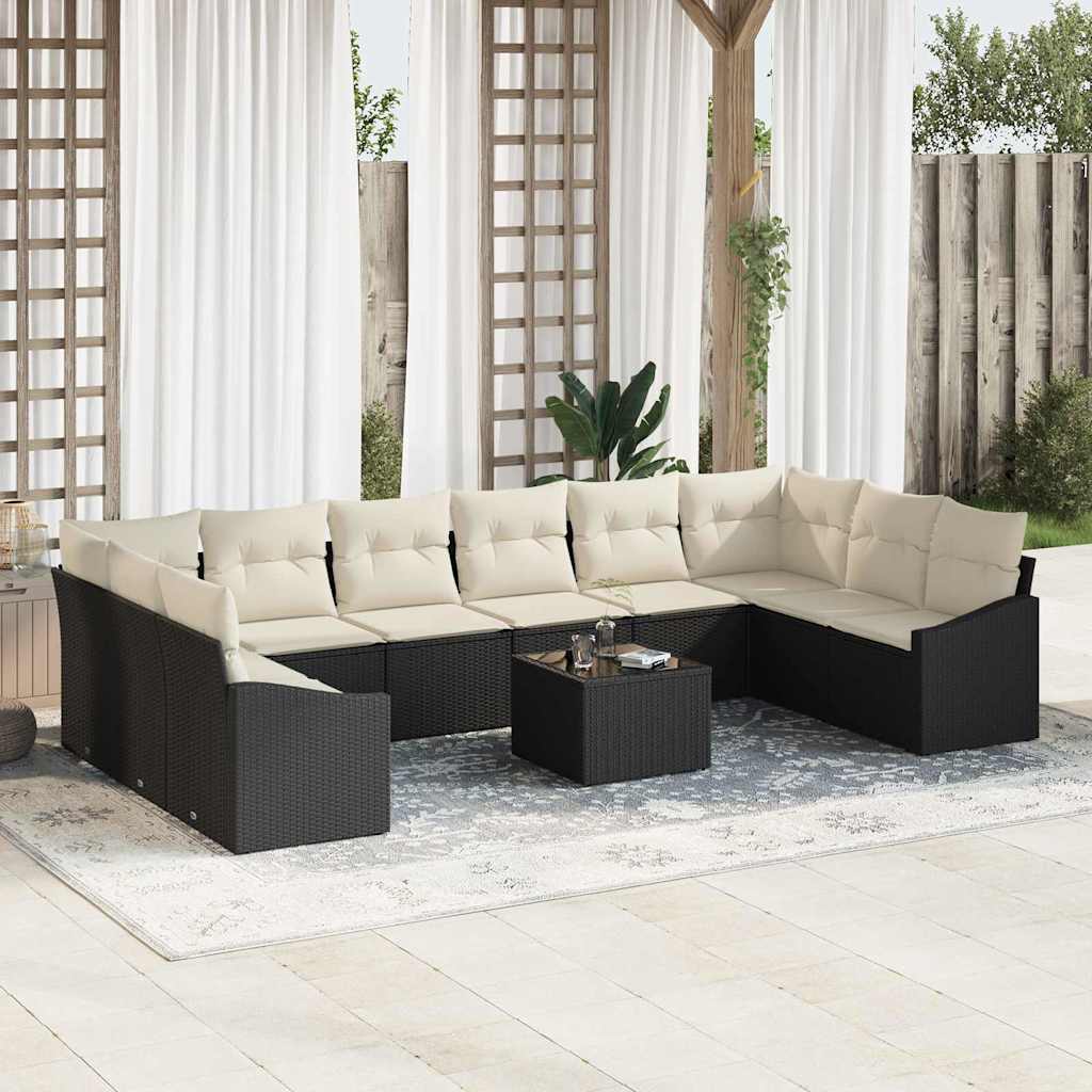 Garten-Sofa-Set mit Kissen 10 pcs Schwarz und Creme Poly-Rattan