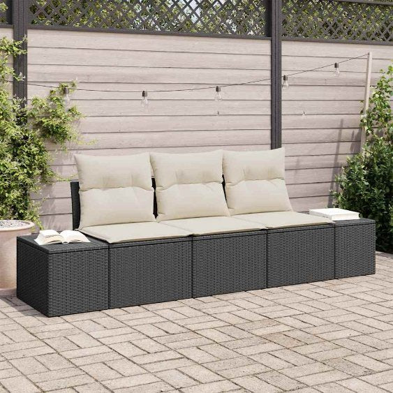Gartensofa-set mit Speicher 3 pcs Schwarz und Creme Poly-Rattan
