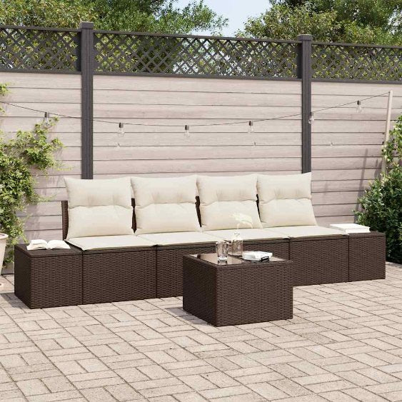Garten-Sofa-Set mit Kissen 5 pcs Schwarz und Creme Poly-Rattan
