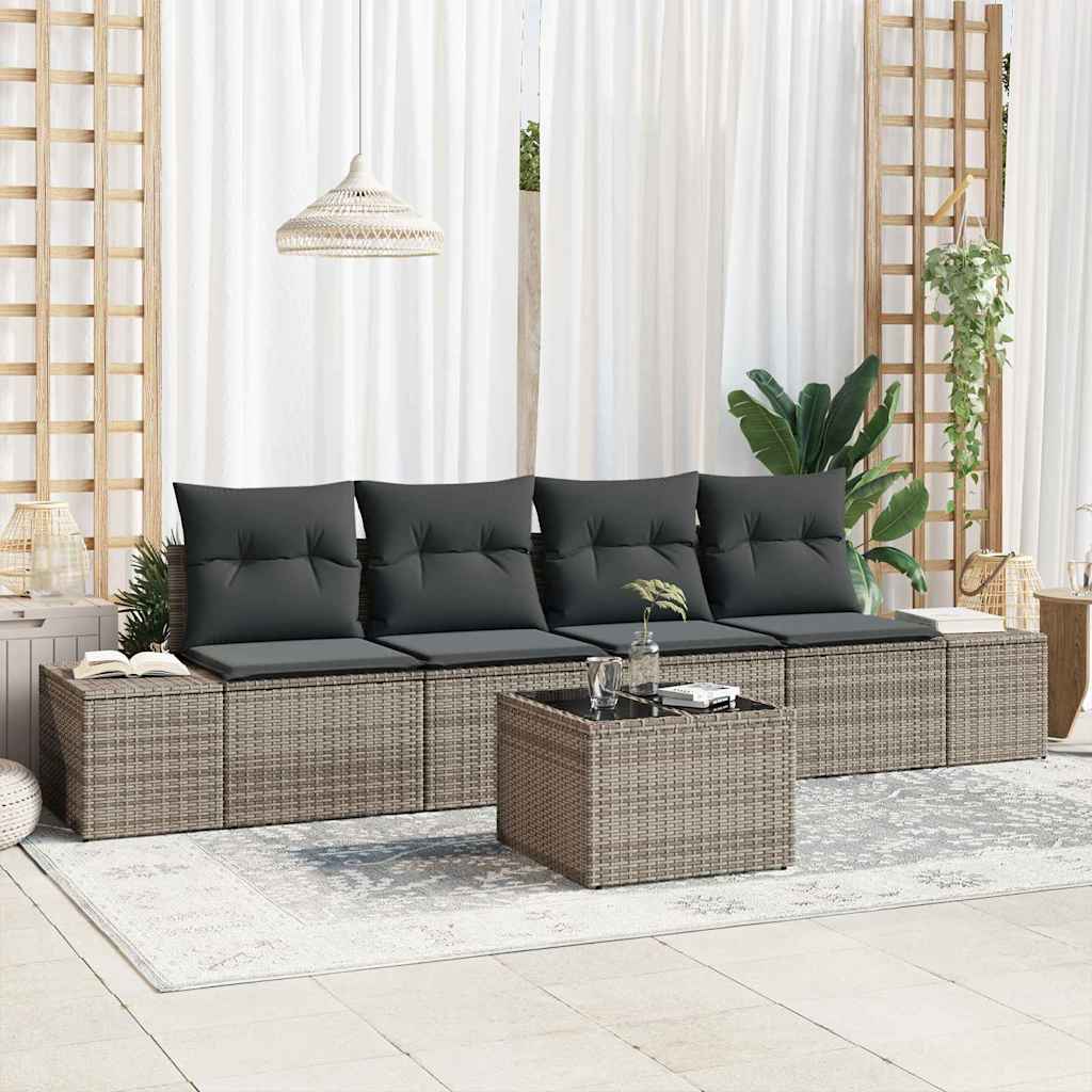 Garten-Sofa-Set mit Kissen 5 pcs Schwarz und Creme Poly-Rattan