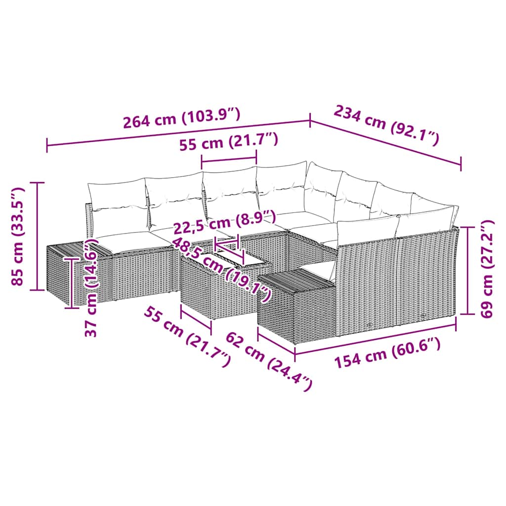 Garten-Sofa-Set mit Kissen 9 pcs Schwarz und Creme Poly-Rattan