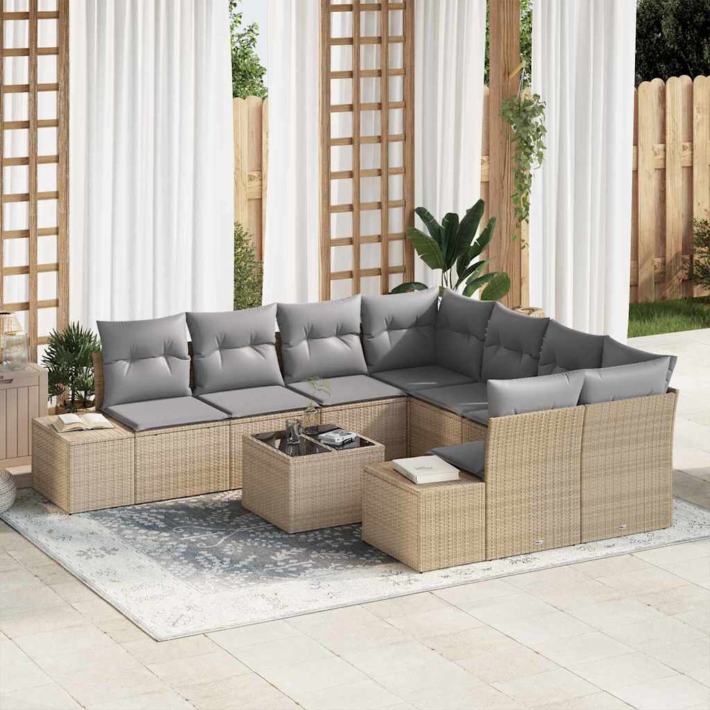 Garten-Sofa-Set mit Kissen 9 pcs Schwarz und Creme Poly-Rattan
