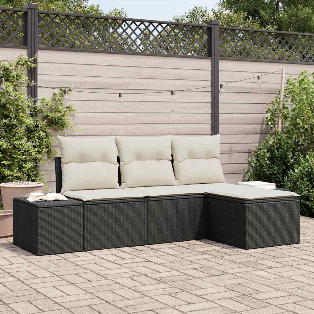 Garten-Sofa-Set mit Kissen 4 pcs Schwarz und Creme Poly-Rattan