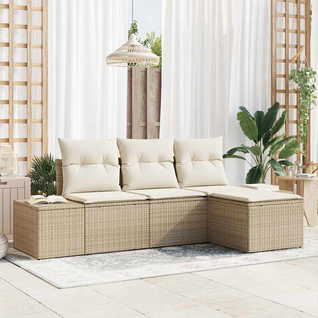 Garten-Sofa-Set mit Kissen 4 pcs Schwarz und Creme Poly-Rattan