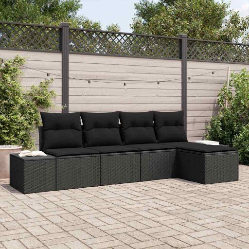 Garten-Sofa-Set mit Kissen 5 pcs Schwarz und Creme Poly-Rattan